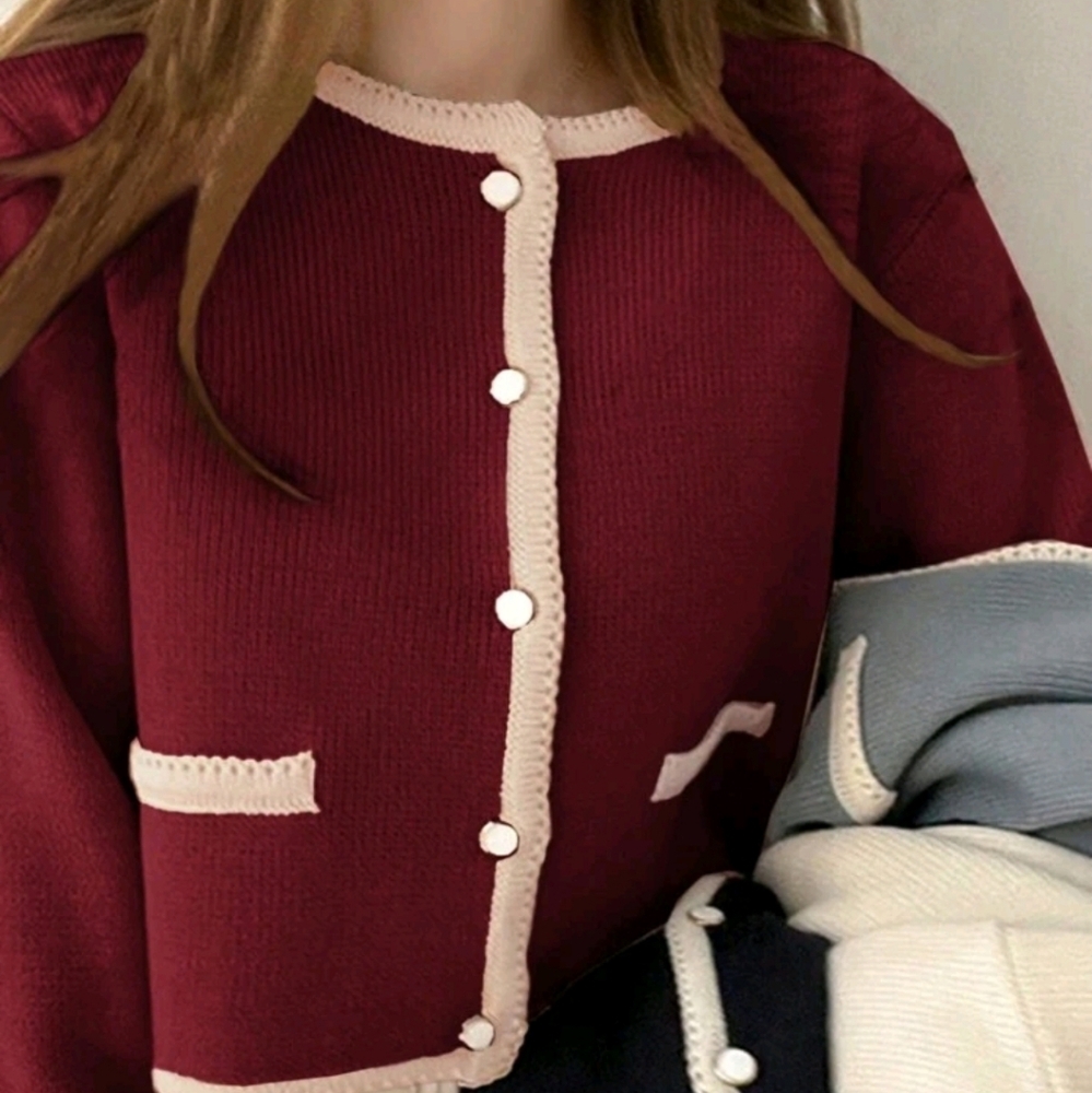 Women's Colorblock Ribbed Round Neck Fitted Cardigan